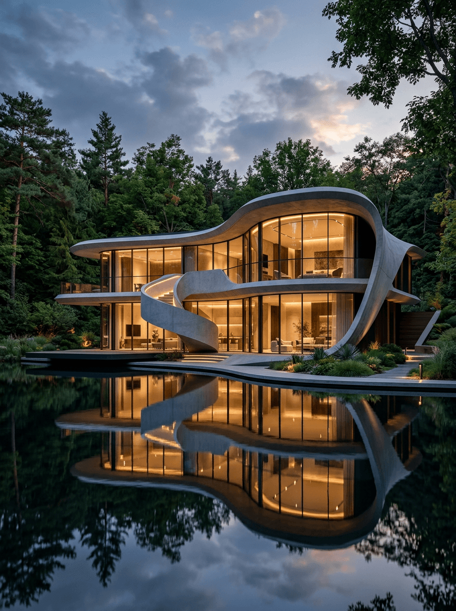 Modern curved glass house by a reflective pond, surrounded by trees.