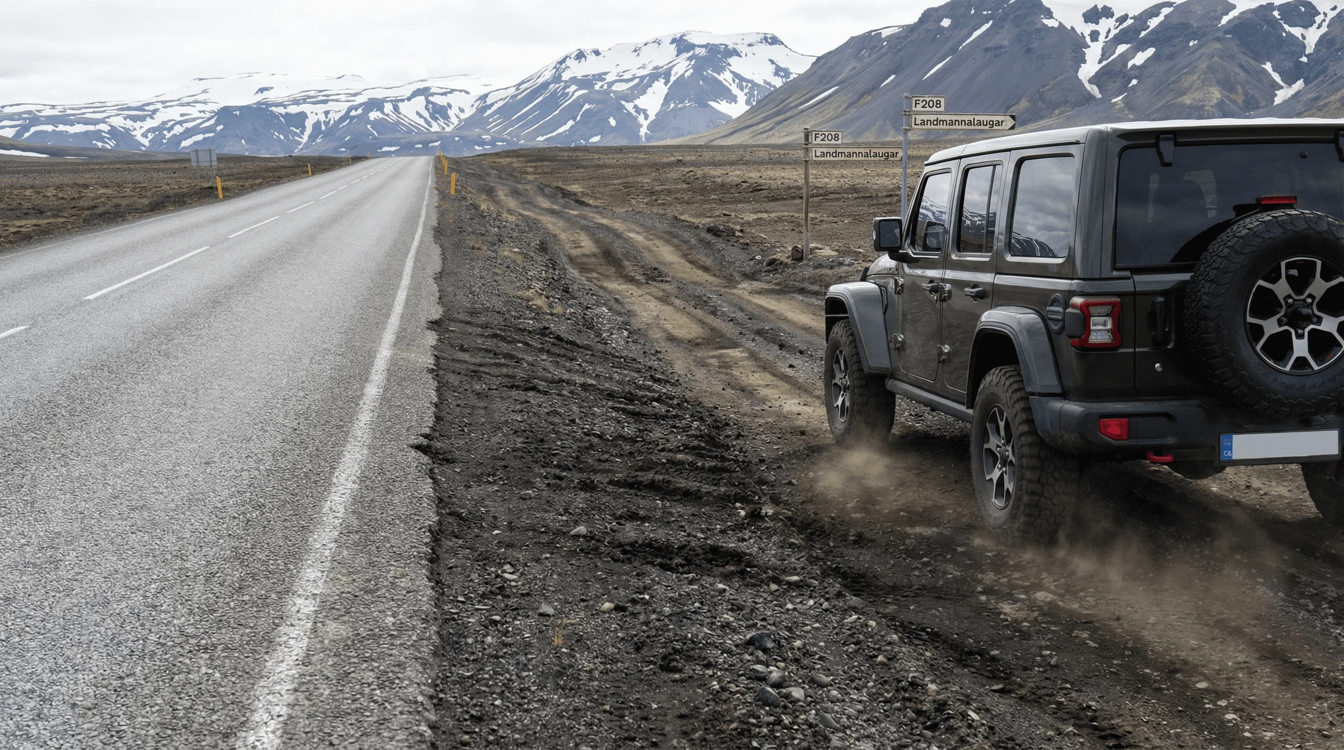 A dark grey Jeep Wrangler parked on the gravel shoulder of a road with snow-capped mountains in the distance.