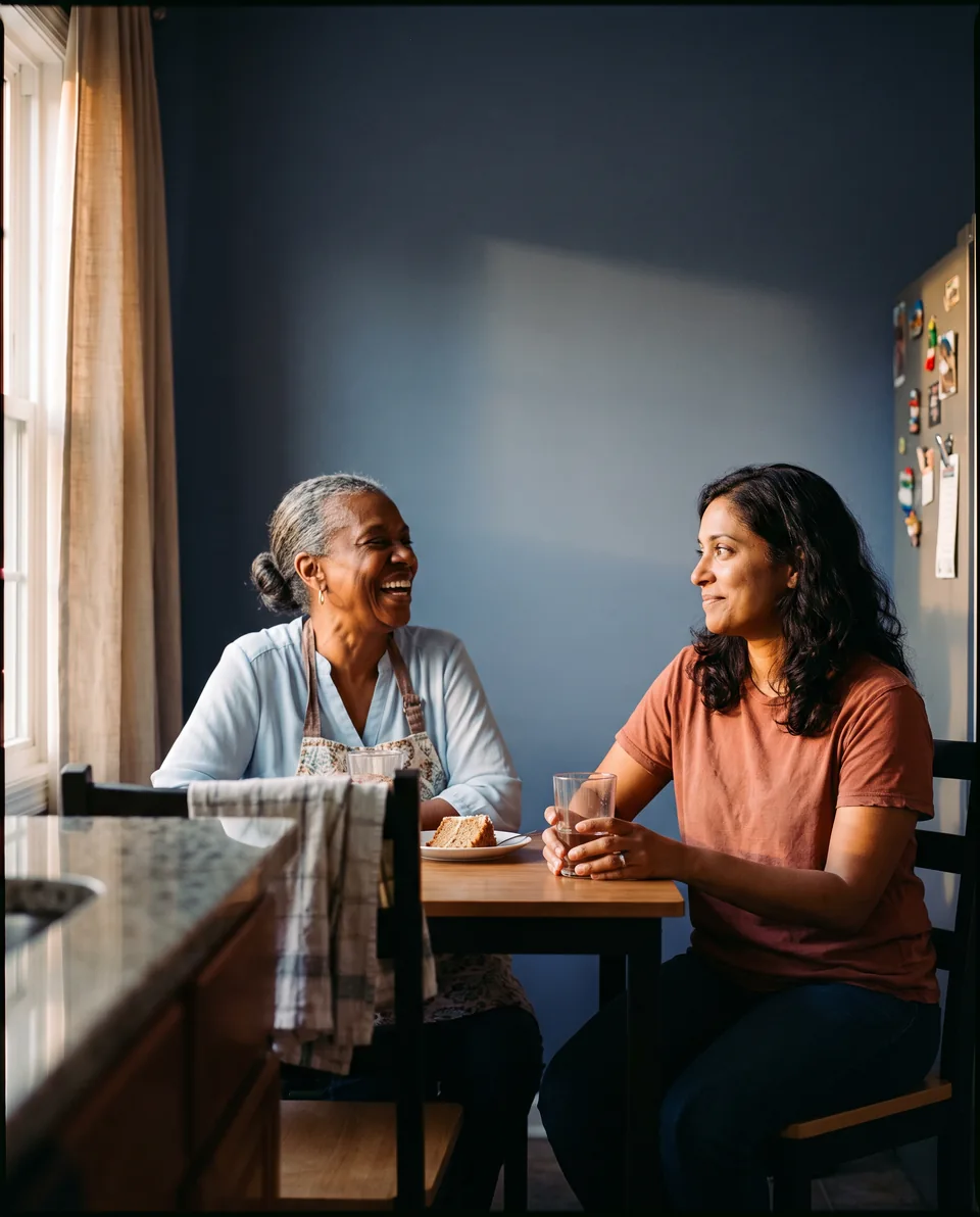 Duas mulheres conversam à mesa da cozinha, olhando uma para a outra.