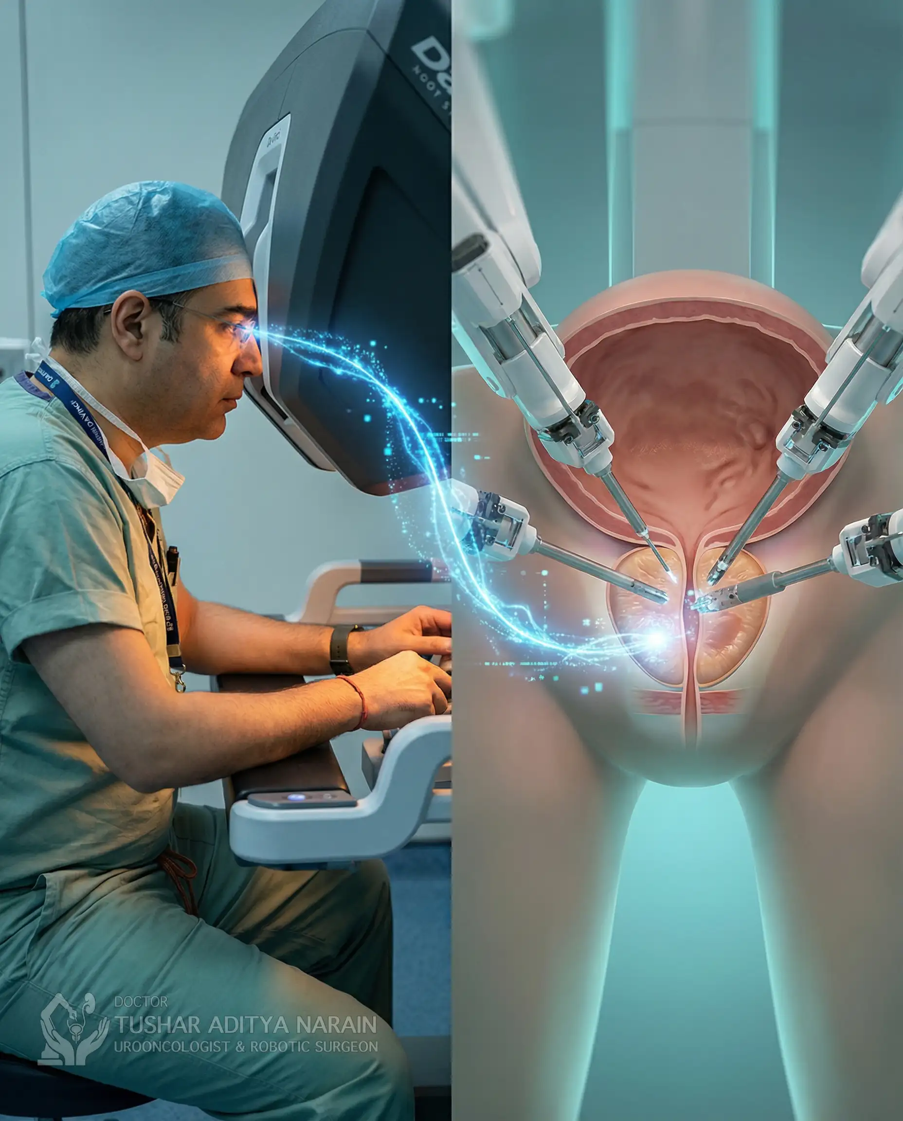 Dr. Tushar operating the robotic console while instruments perform precise surgical movements.