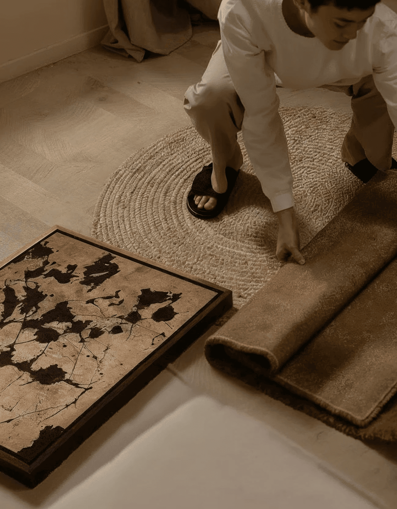 A scene of two ladies unfolding a floor mat