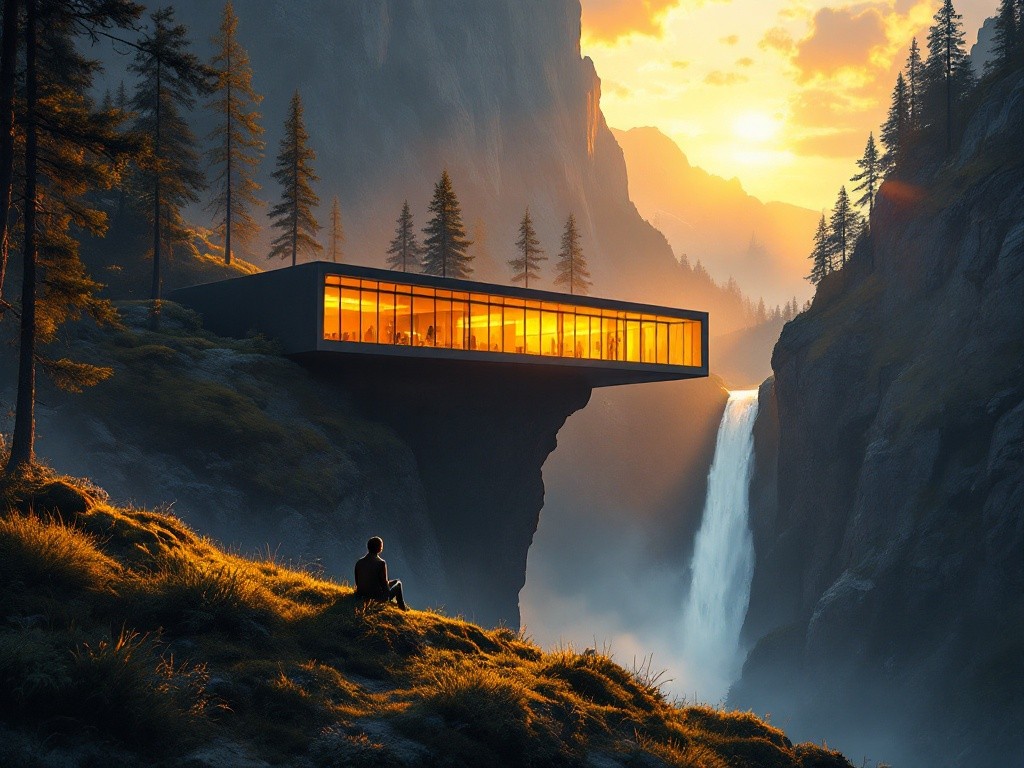 A person sits on a grassy cliff overlooking a modern house suspended over a waterfall in a valley at sunset.