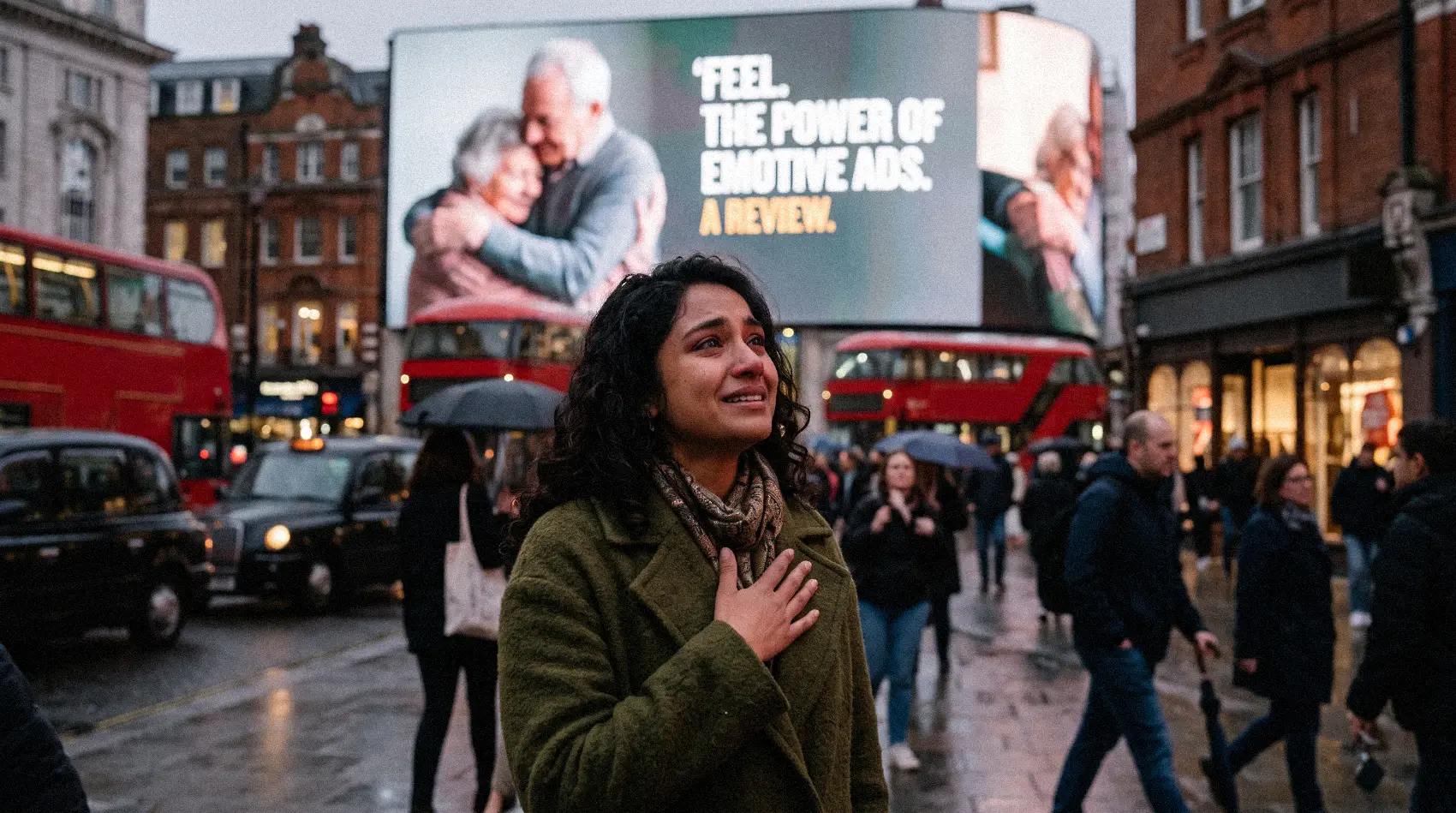 Woman moved to tears by emotive billboard in Piccadilly Circus London - Feel the Power of Emotive Ads campaign review