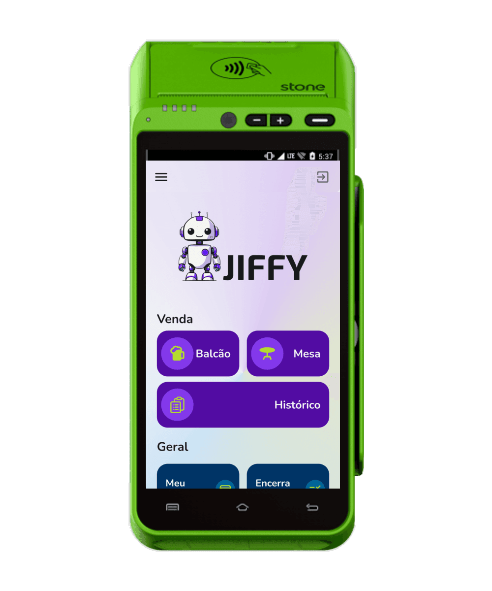 Maquininha Stone A8 com o Jiffy na tela