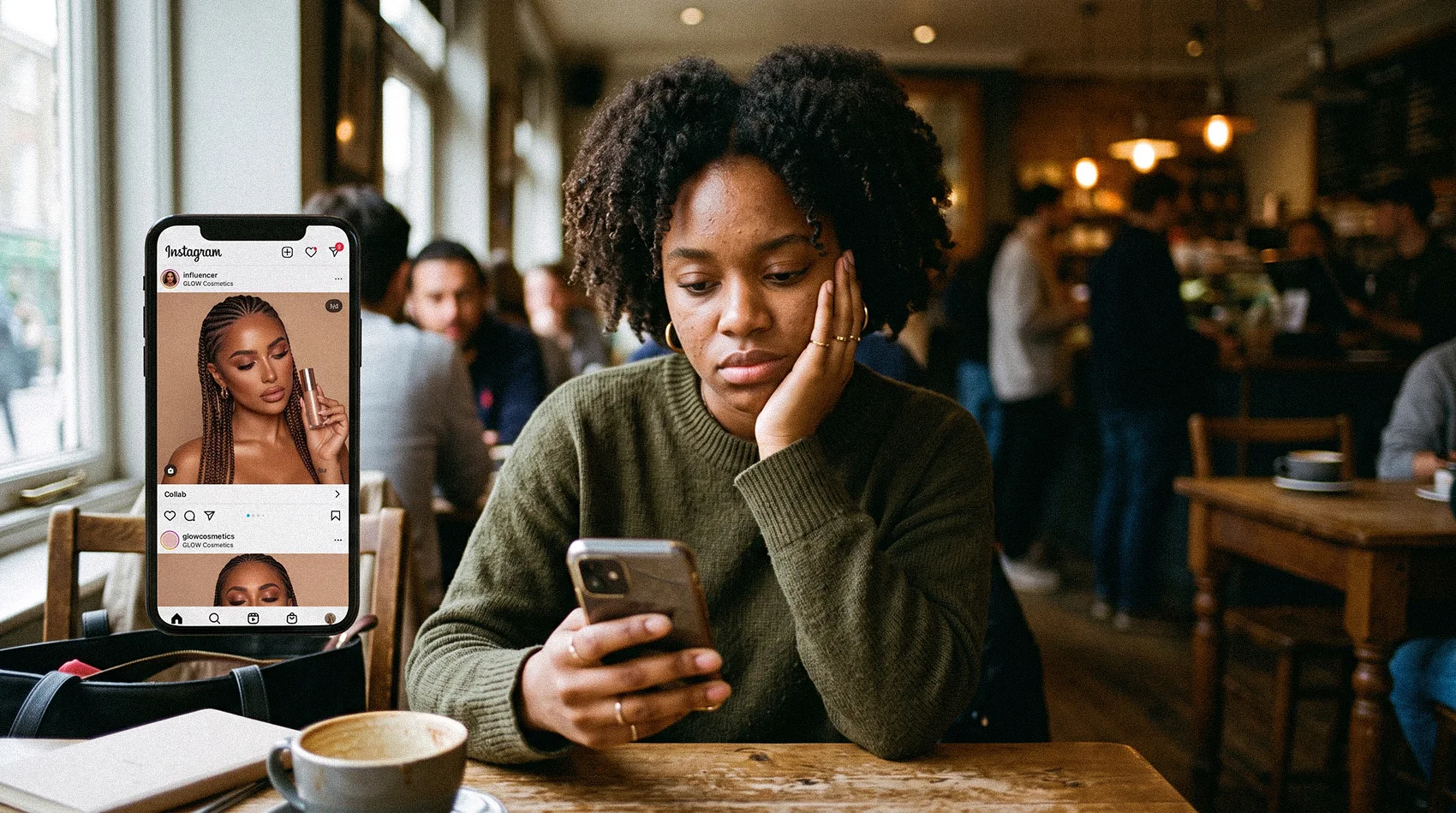 Young Black woman in cafe disappointed looking at phone showing influencer blackfishing with braids - GLOW Cosmetics ad