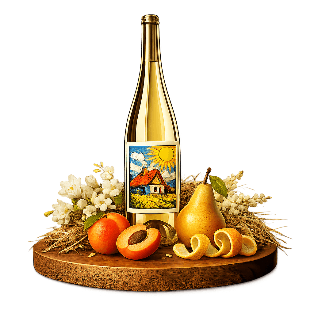 Artistic label and flavor profile for Romanian Feteasca Alba on a rustic wooden table.