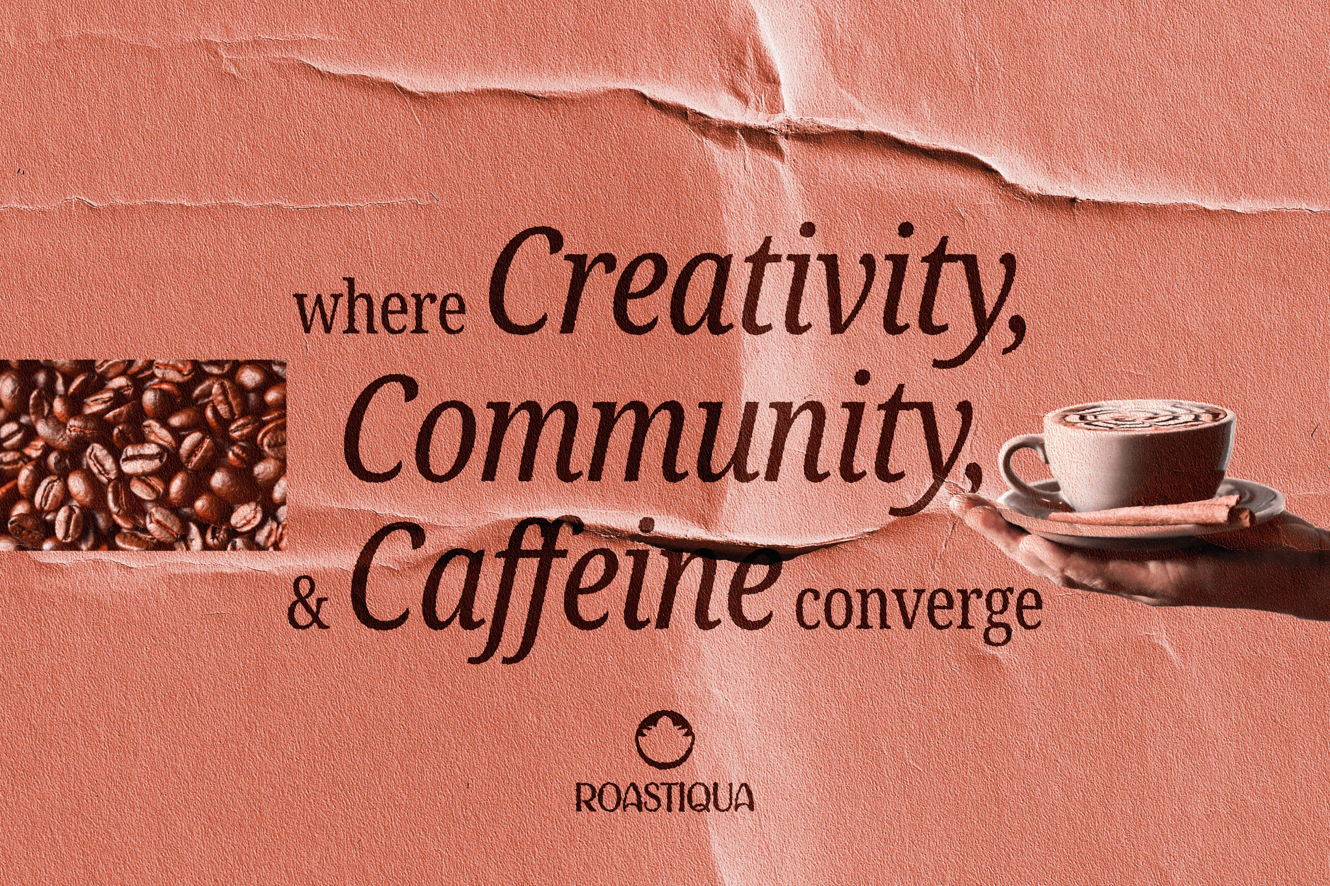 Tagline poster with coffee beans and a latte on a crumpled coral paper texture - Roastiqua, a specialty coffee brand identity.
