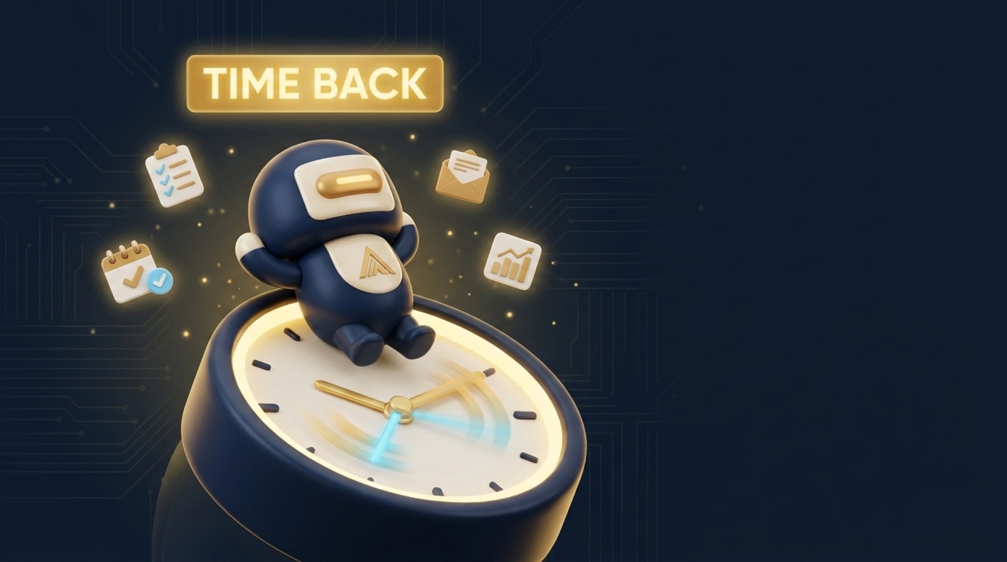 Bean character sitting on a clock pedestal under a banner that reads TIME BACK with completed task icons floating away