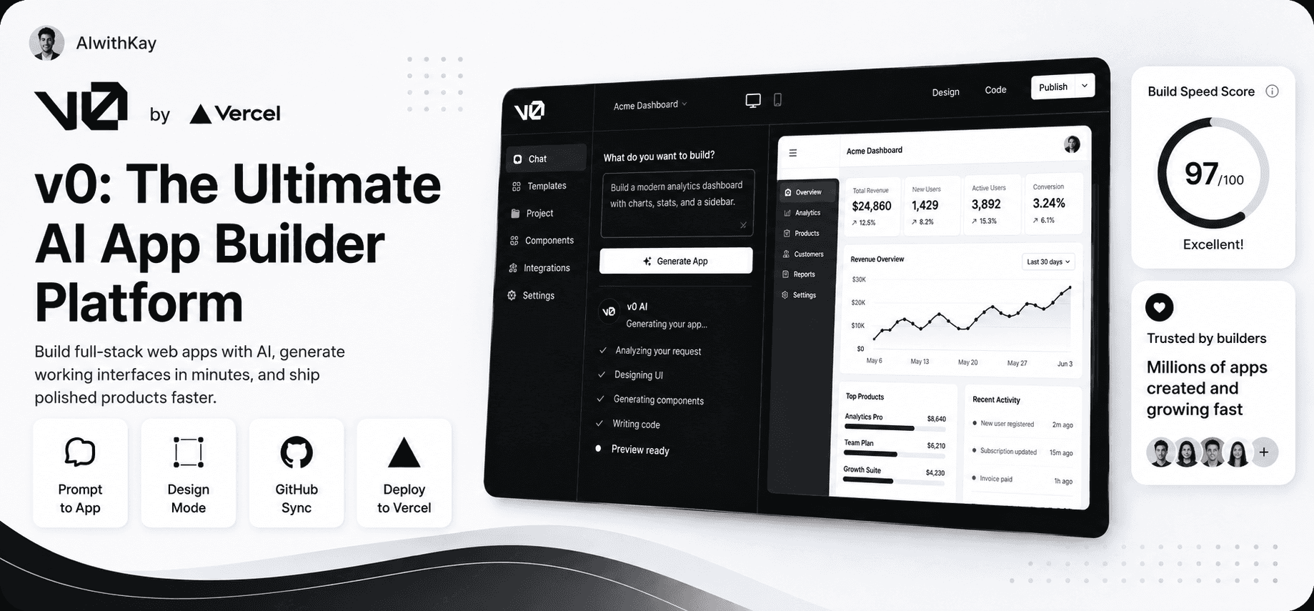v0 by Vercel AI app builder for creating full-stack web apps from prompts, featuring AI code generation, UI design, GitHub integration, and one-click Vercel deployment