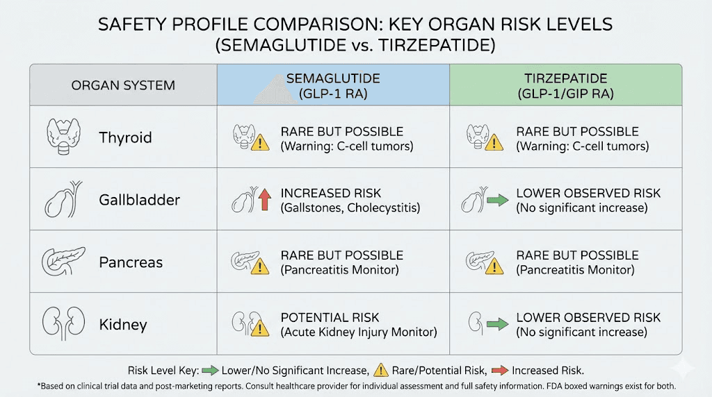 Semaglutide vs tirzepatide organ safety risk comparison chart