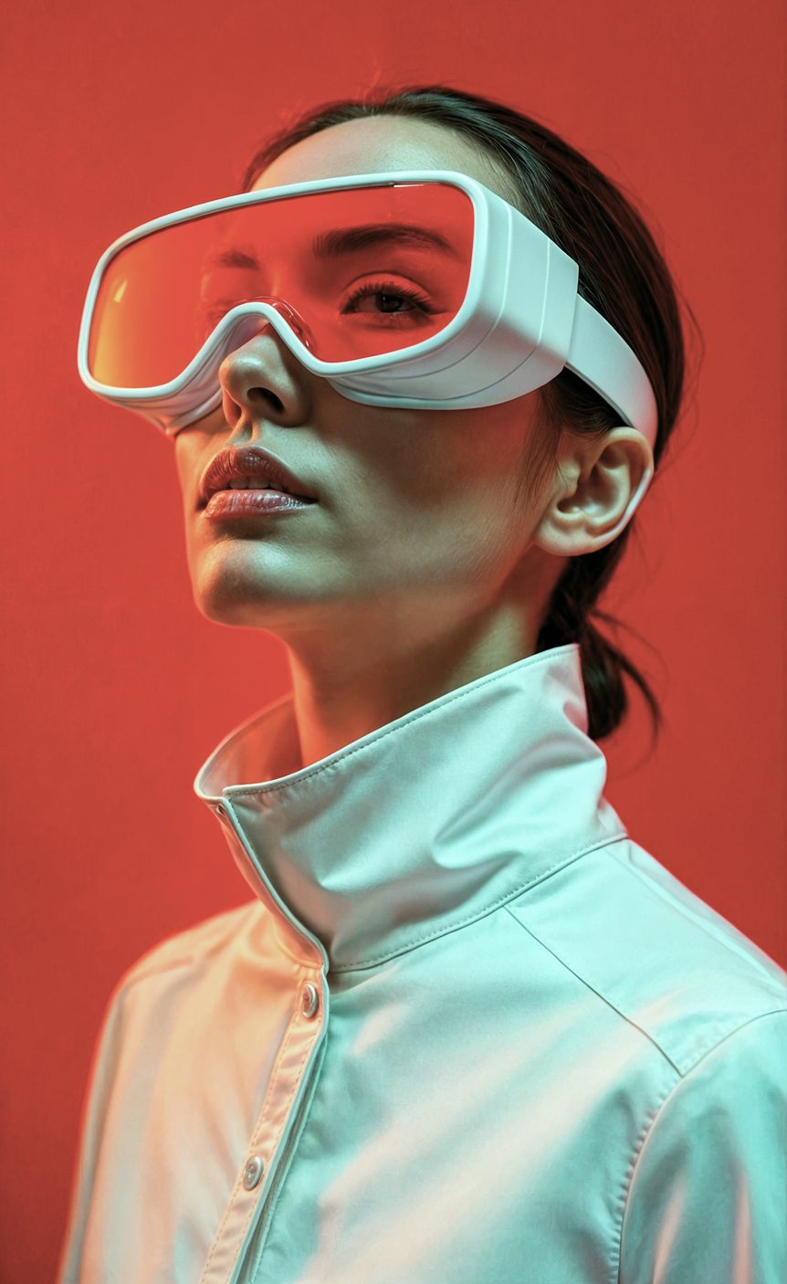 Woman in a white high-collar jacket wearing futuristic goggles against a red backdrop