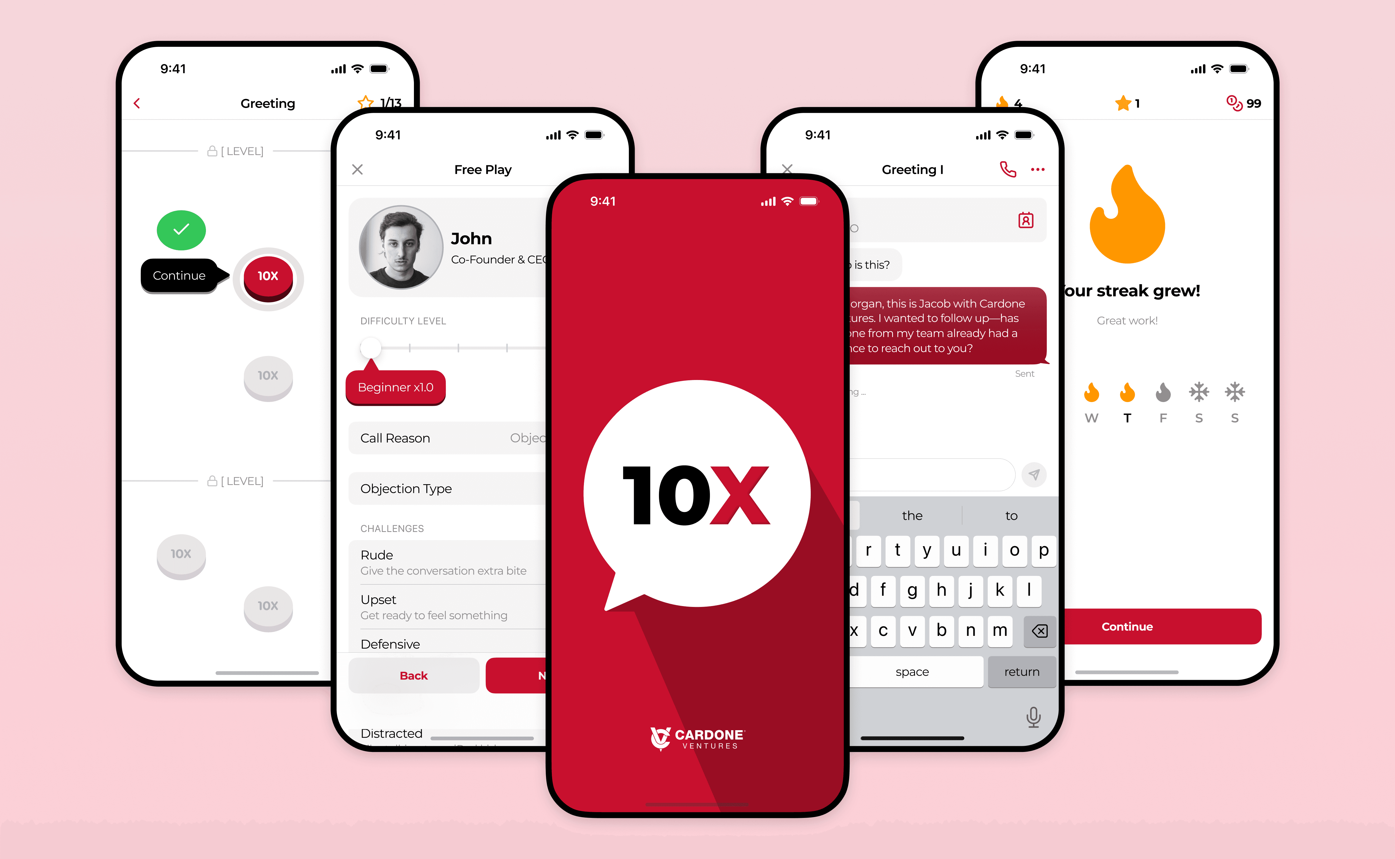 Stacked mobile app screens showcasing the app's user interface. The front screen prominently features a stylized chat bubble icon containing "10X".