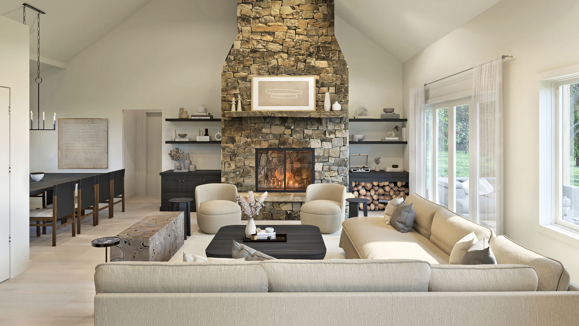 Contemporary living room interior design featuring a stacked stone fireplace, custom open shelving, neutral sectional sofa, and adjoining dining room.