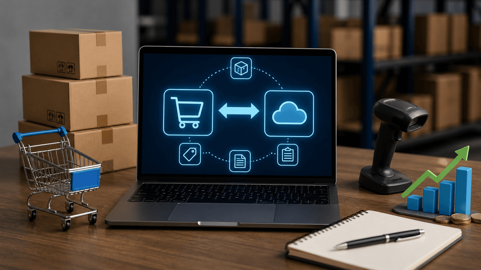 Renderização 3D realista de uma mesa de trabalho com um notebook ao centro exibindo ícones de integração entre e-commerce e sistema em nuvem, conectados por setas bidirecionais. Ao redor, caixas de estoque empilhadas, um leitor de código de barras, um carrinho de compras pequeno e um gráfico de crescimento. Ambiente de fundo com prateleiras de armazém levemente desfocadas, iluminação suave e composição limpa, sem pessoas e sem texto.
