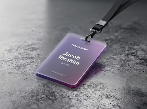 FEM Sverige branded lanyard and ID badge with purple gradient — corporate identity design by OUF Studio