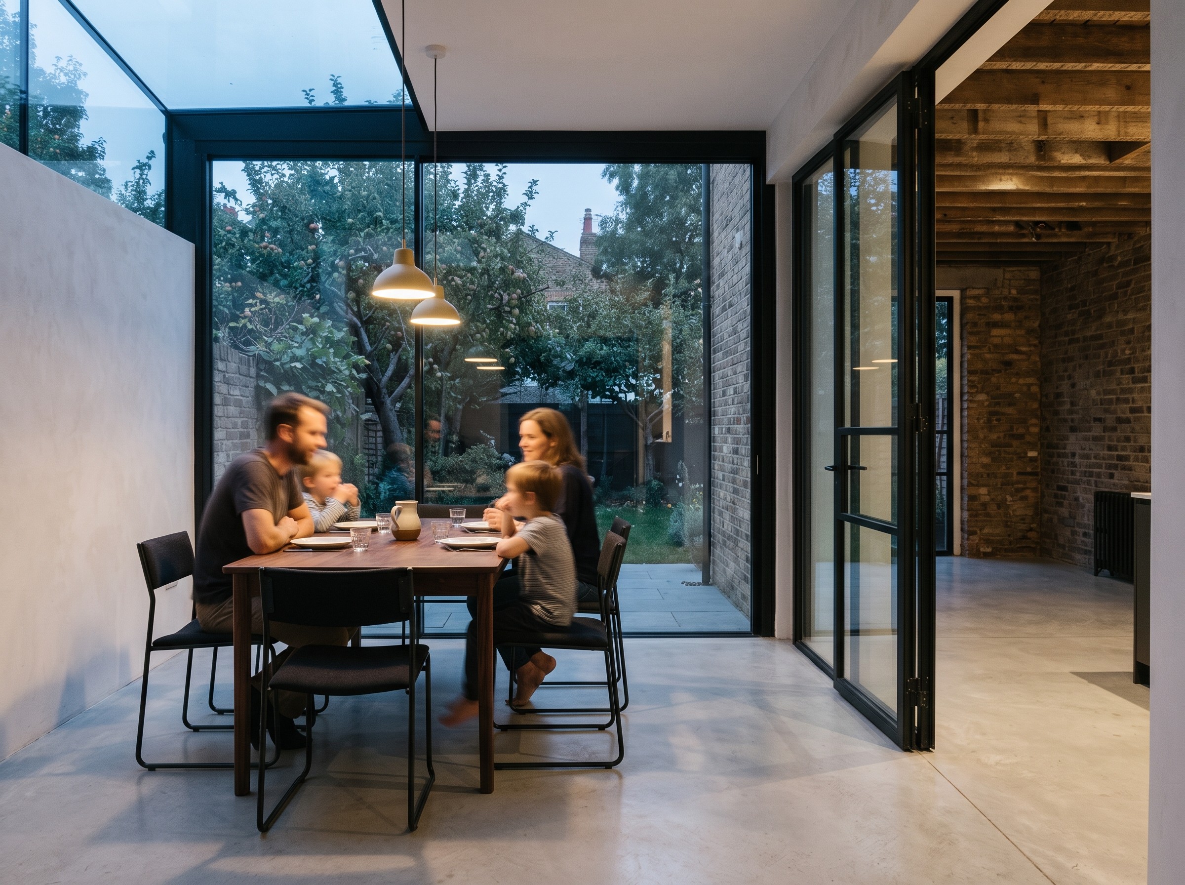 Dining scene at the walnut table within the extension, a family softly blurred,