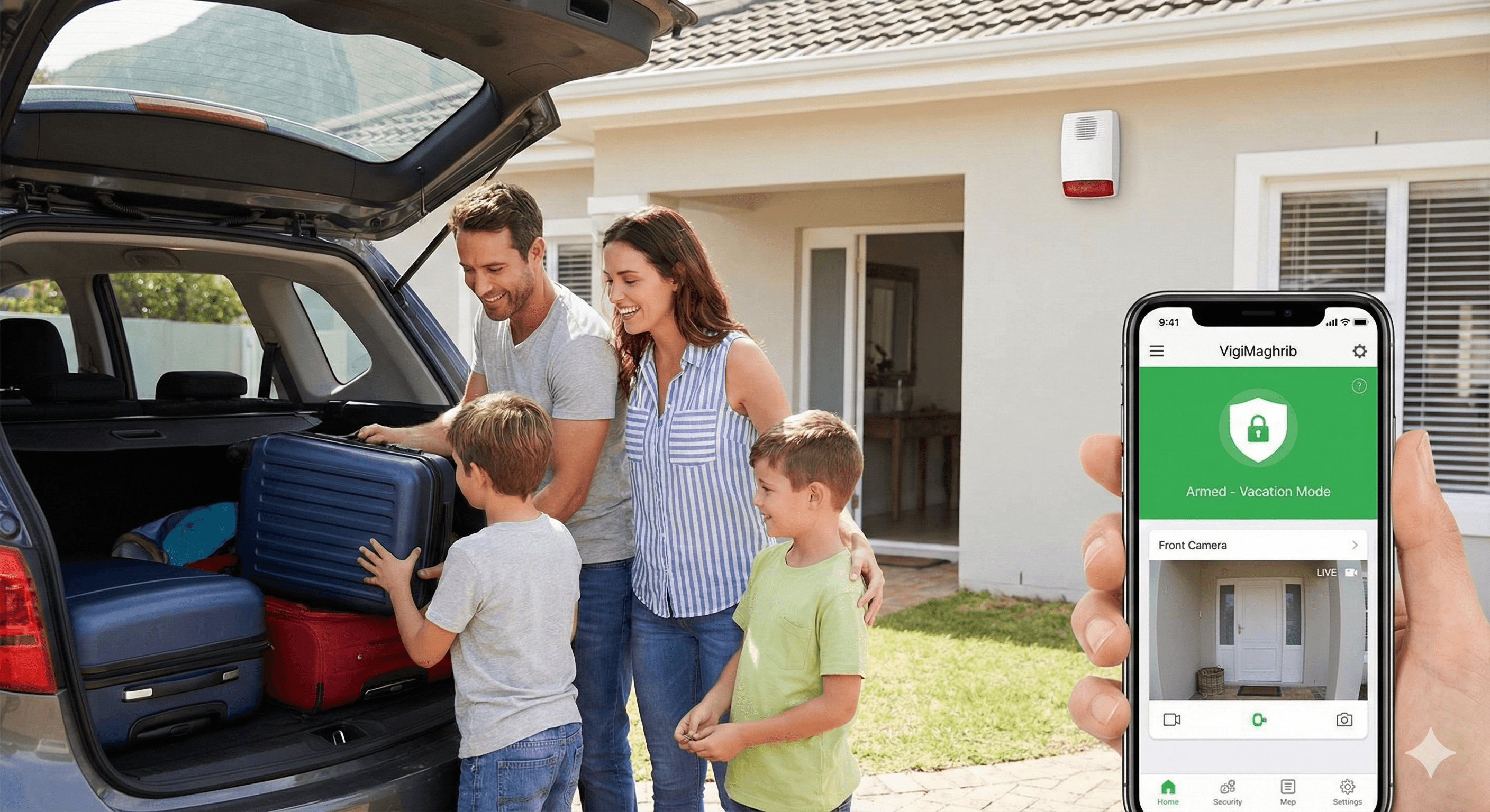 Famille partant en vacances l'esprit serein, surveillant leur domicile via l'application mobile d'alarme VigiMaghrib en mode vacances.