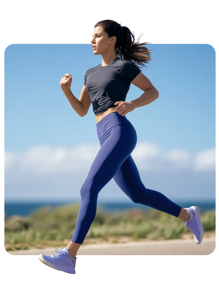 Woman running out doors on a road with blue skies