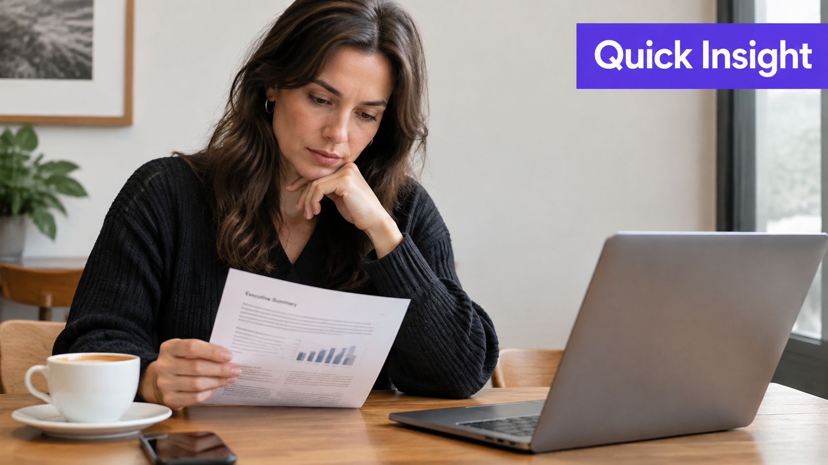 A focused woman reviewing an executive summary document while sitting at a wooden office desk.