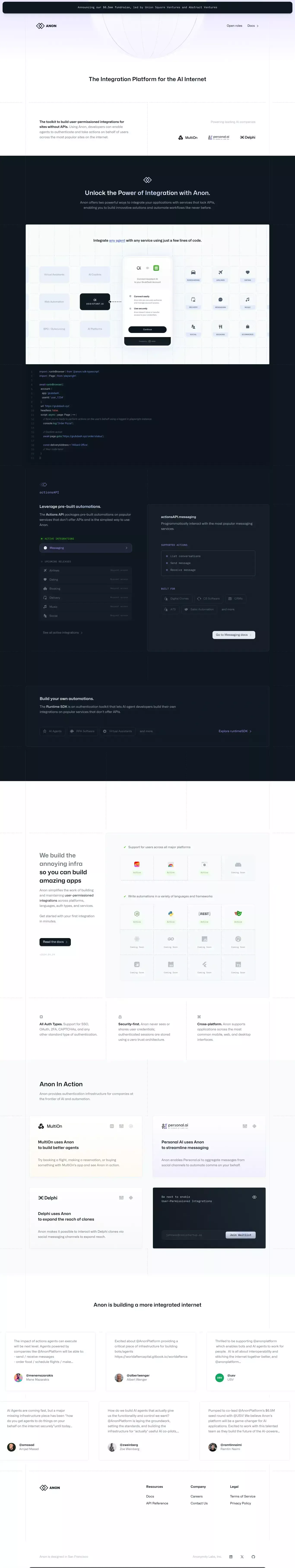 Anon landing page screenshot showcasing Tech design