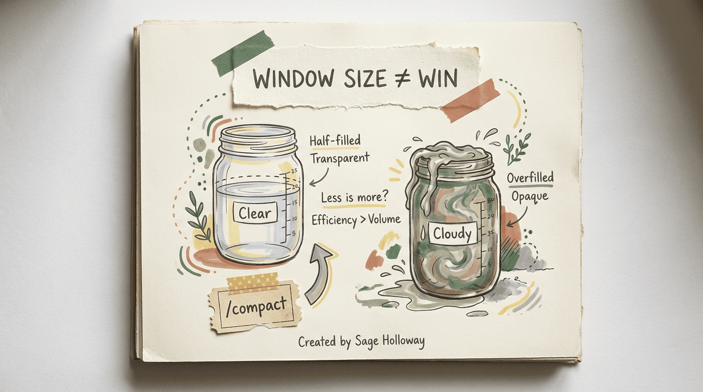 Scrapbook diagram showing context rot as a full window loses accuracy