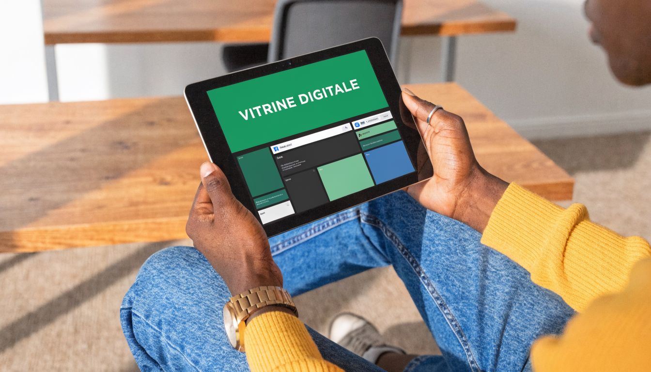 Une personne tenant une tablette affichant une interface de gestion de vitrine numérique pour réseaux sociaux.