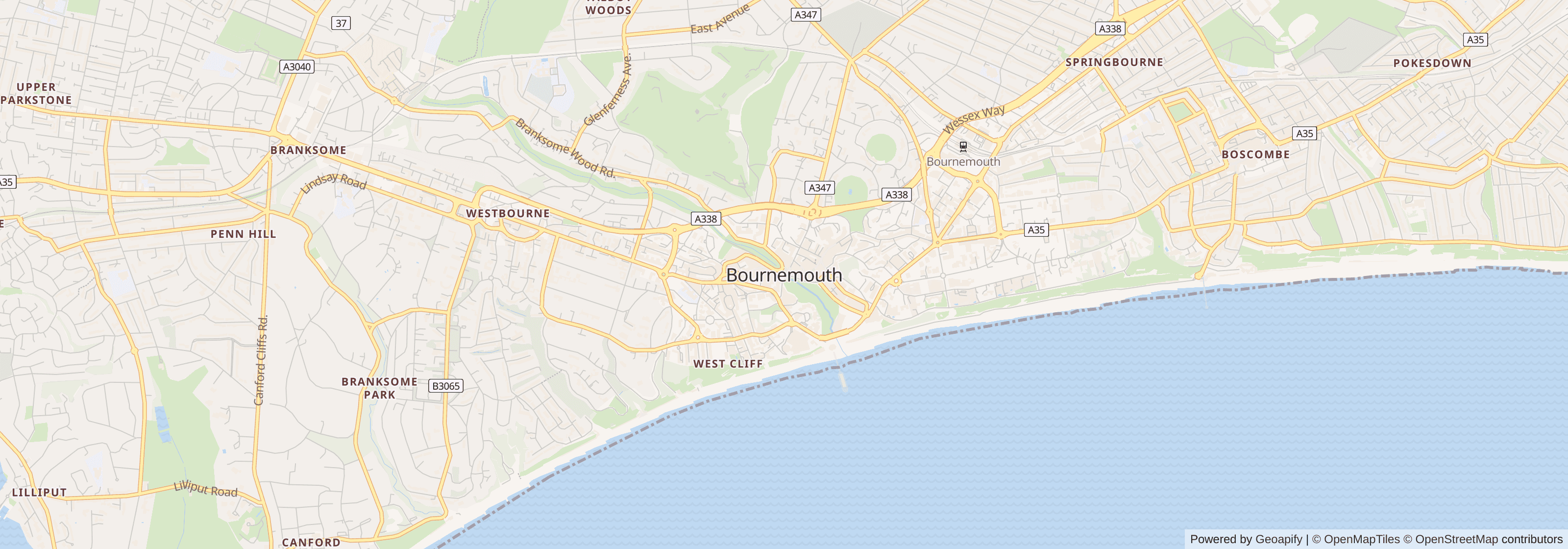 Street map of Bournemouth, Dorset showing main roads and nearby areas