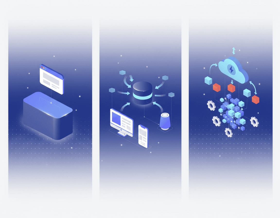 Side-by-side vector illustration comparing traditional, headless, and GEO-native CMS architectures.