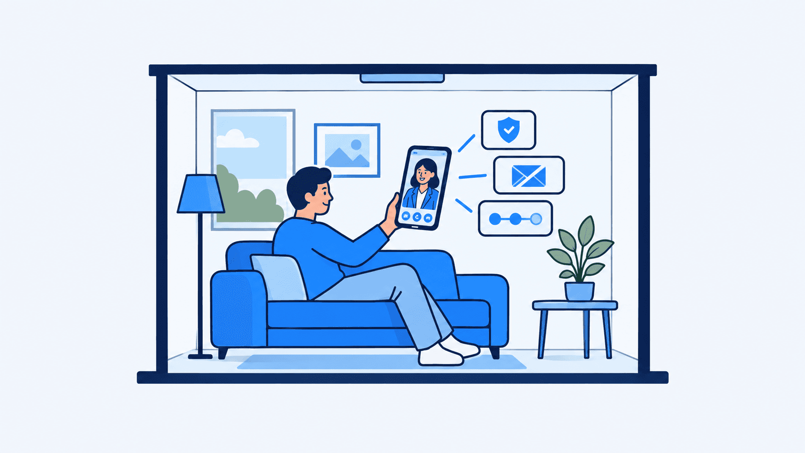 Illustration: Ein Kunde spricht per Videoanruf mit seiner Bankberaterin, daneben Karten für Einwilligung, Werbewiderspruch und Verlauf