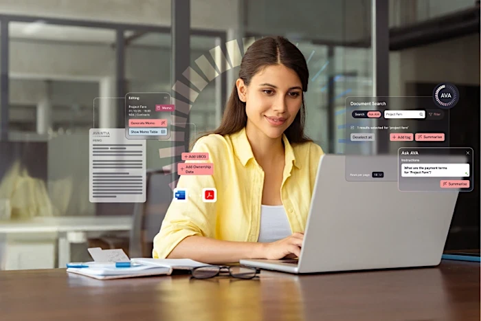 Legal professional using a laptop at a desk, with interface elements showing document search, summaries and AI-assisted legal queries.
