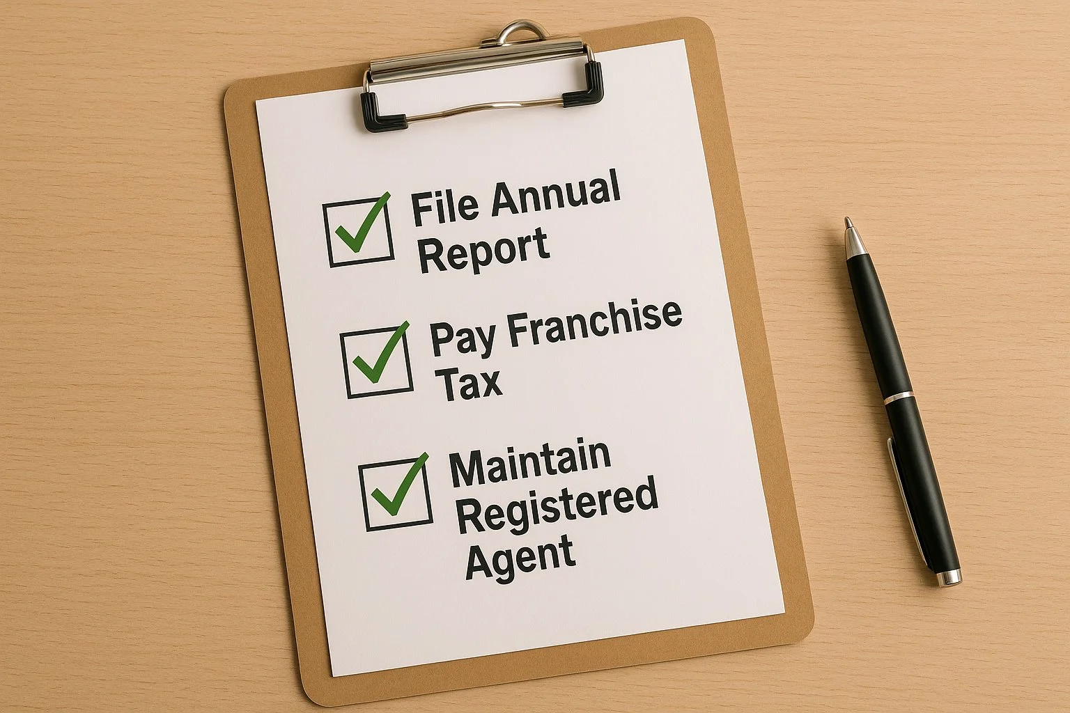 Clipboard with a business compliance checklist showing tasks like filing an annual report, paying franchise tax, and maintaining a registered agent, all marked with green checkmarks.