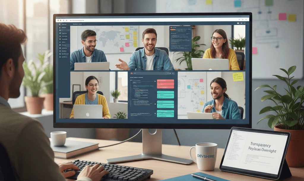 Person at desk viewing video conference call with five team members on monitor