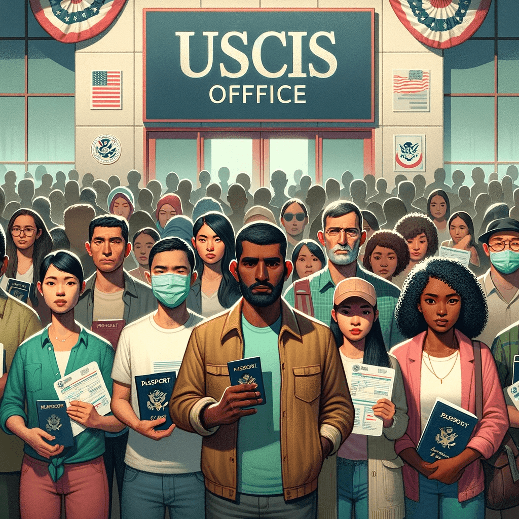 Diverse applicants with passports waiting outside a USCIS office, symbolizing the diverse backgrounds of immigrants navigating the USCIS process.