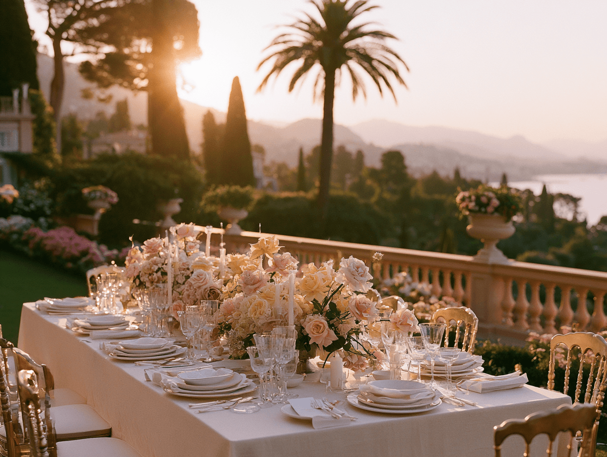 Romantic wedding tablescape with pastel floral arrangements at sunset