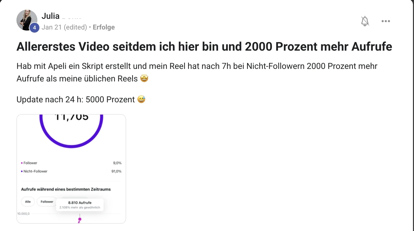 Erfolgsbericht KI Creator Akademie: Julia steigert Instagram-Aufrufe mit Apeli-AI-Skript um ein Vielfaches