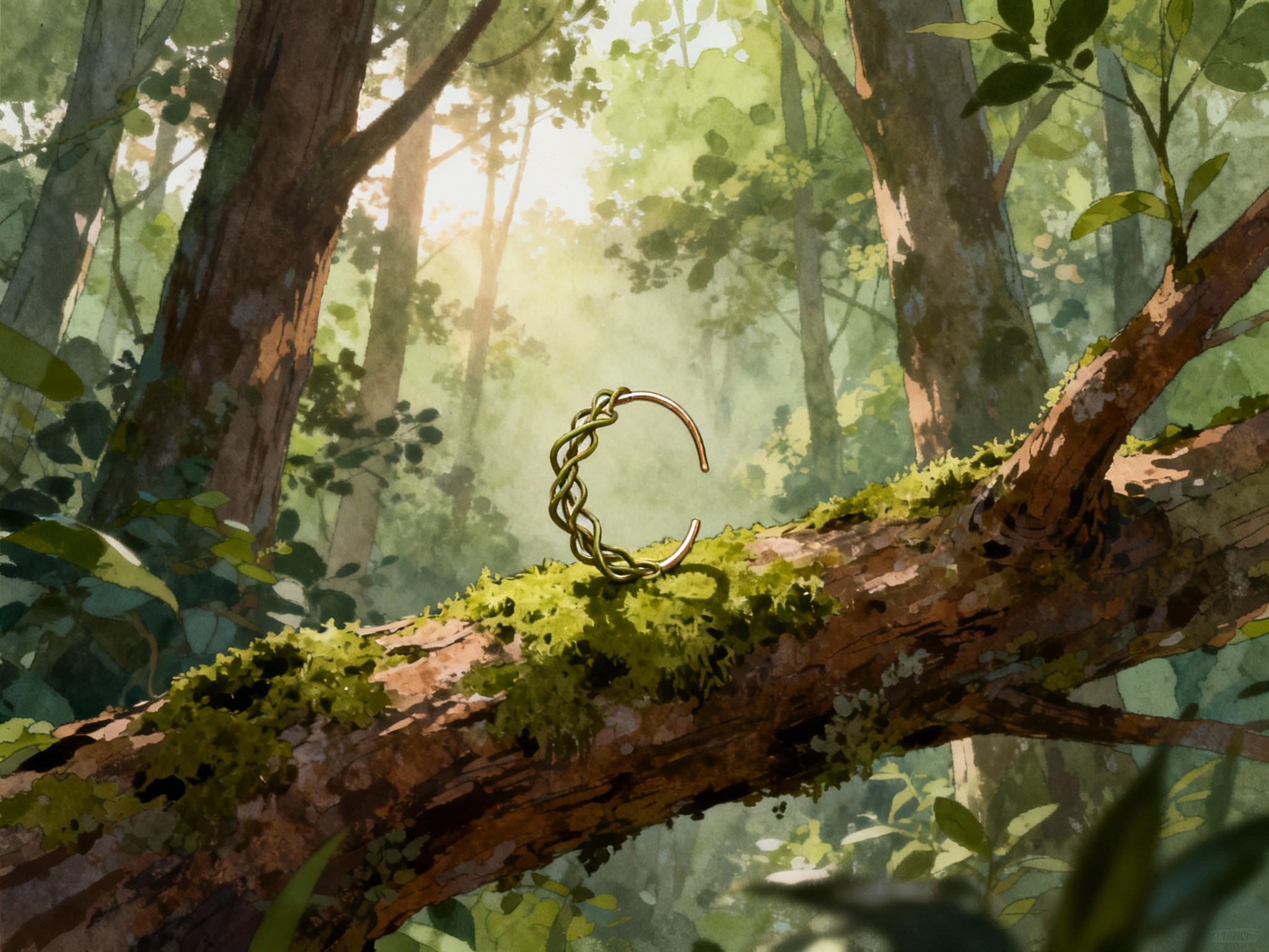 A serene wide landscape shot of a nature-inspired scene where a delicate ear cuff shaped like