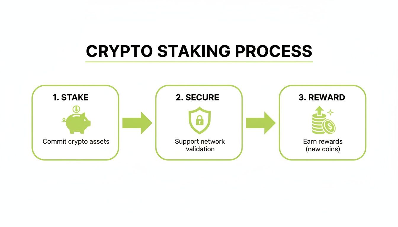 Diagram illustrating the three-step crypto staking process: stake, secure, and earn rewards.