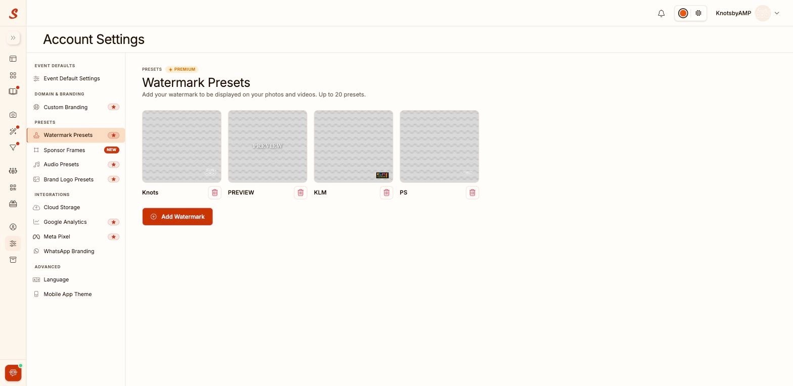 Samaro Account Settings Watermark Presets page for uploading and managing branded watermark images