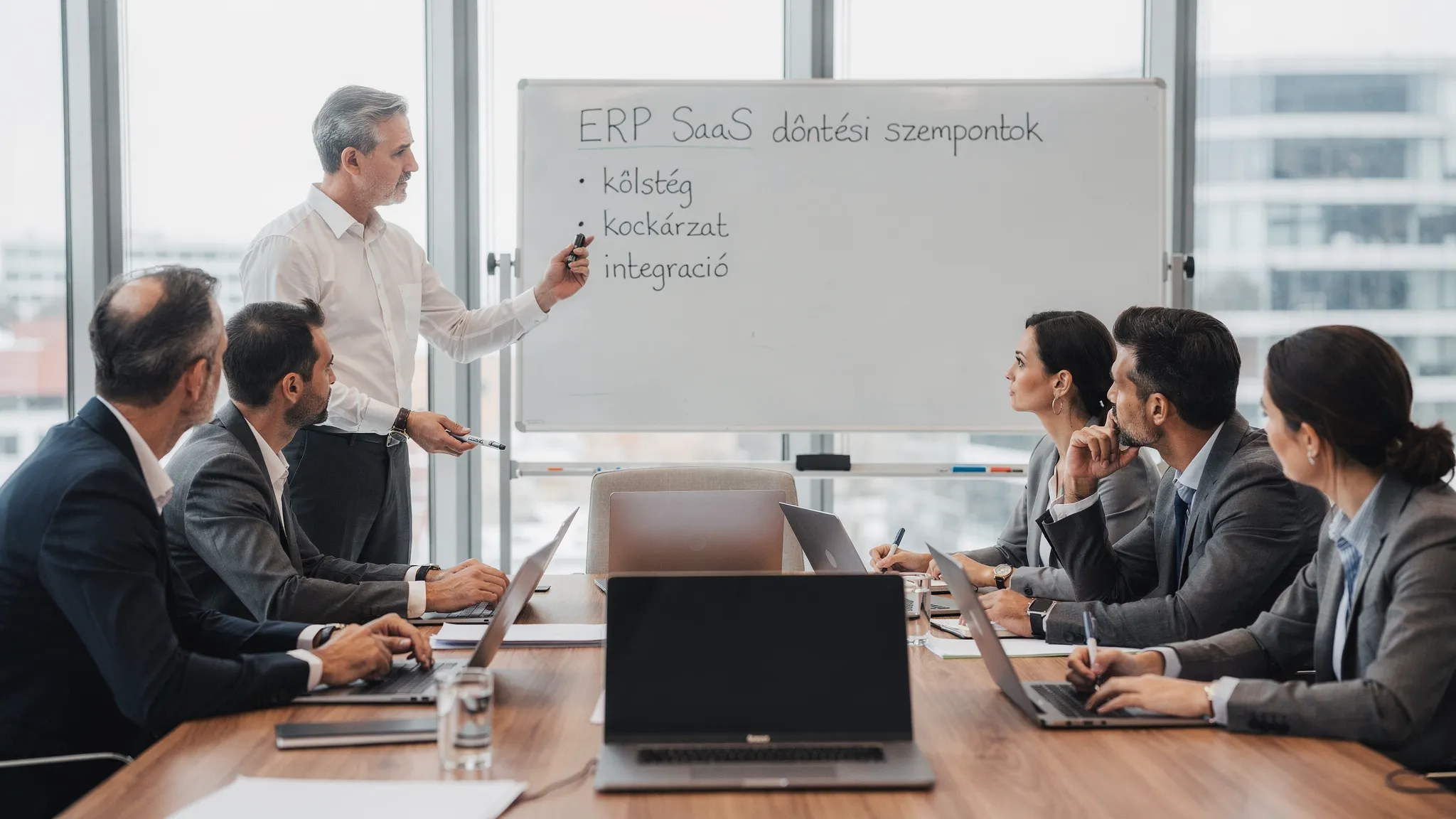 Egy KKV vezetői megbeszélés jelenete tárgyalóban: a csapat egy fehér táblán egyszerűen felírva nézi az ERP SaaS döntési szempontokat (költség, kockázat, bevezetés, integráció), laptopok nyitva az asztalon, a képernyők a néző felé fordulnak és üresek,...