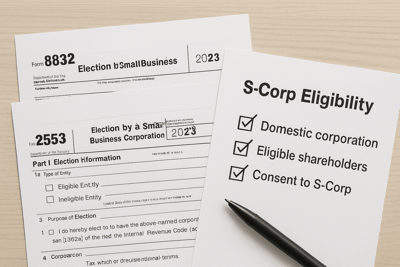 Flat-lay of IRS Forms 8832 and 2553 with a pen and a checklist labeled S-Corp Eligibility.