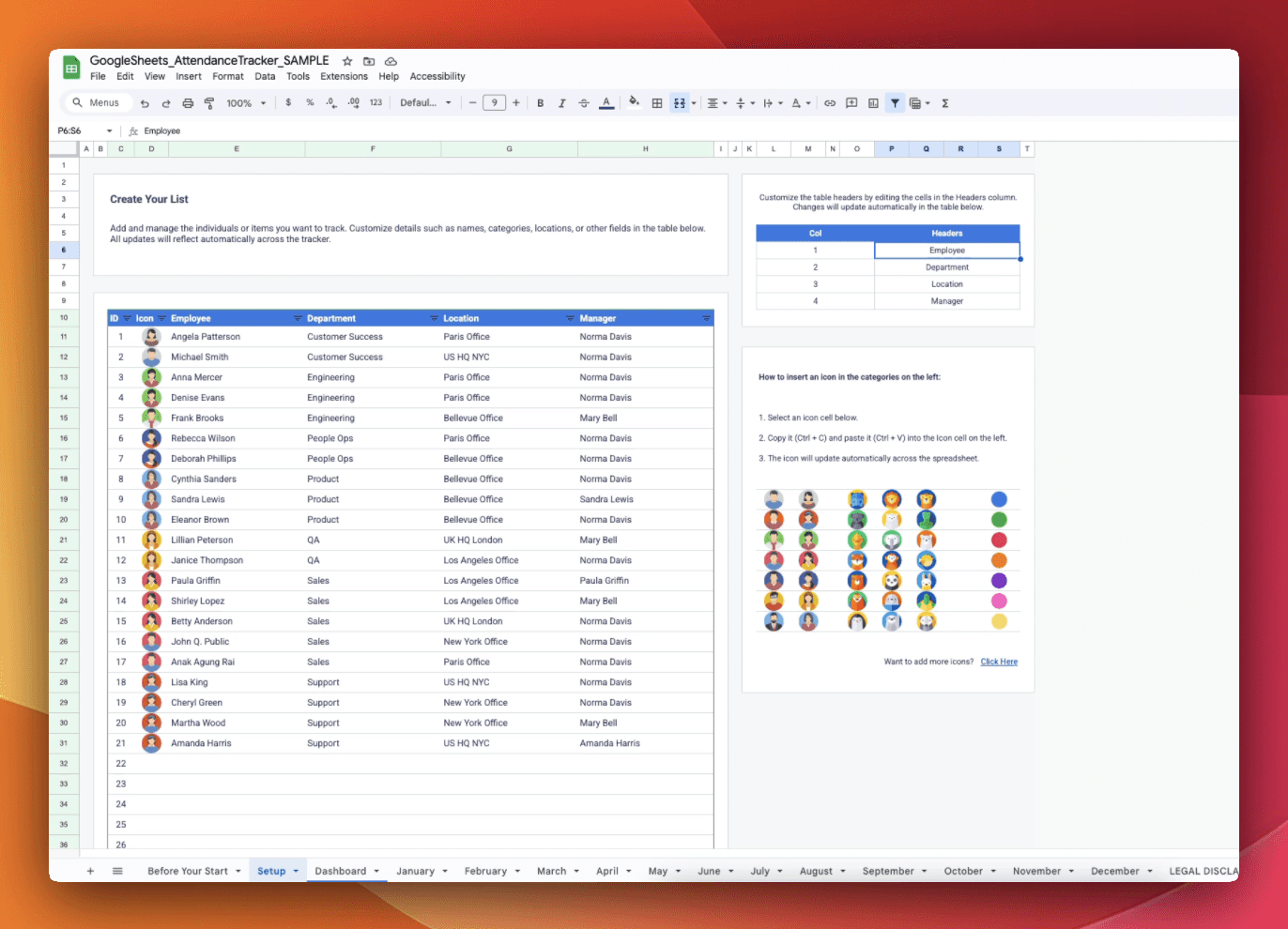 Google Sheets attendance tracker showing the Setup tab with a table of employees, departments, locations, and managers. The right panel includes editable header options and colorful avatar icons for assigning to each person.