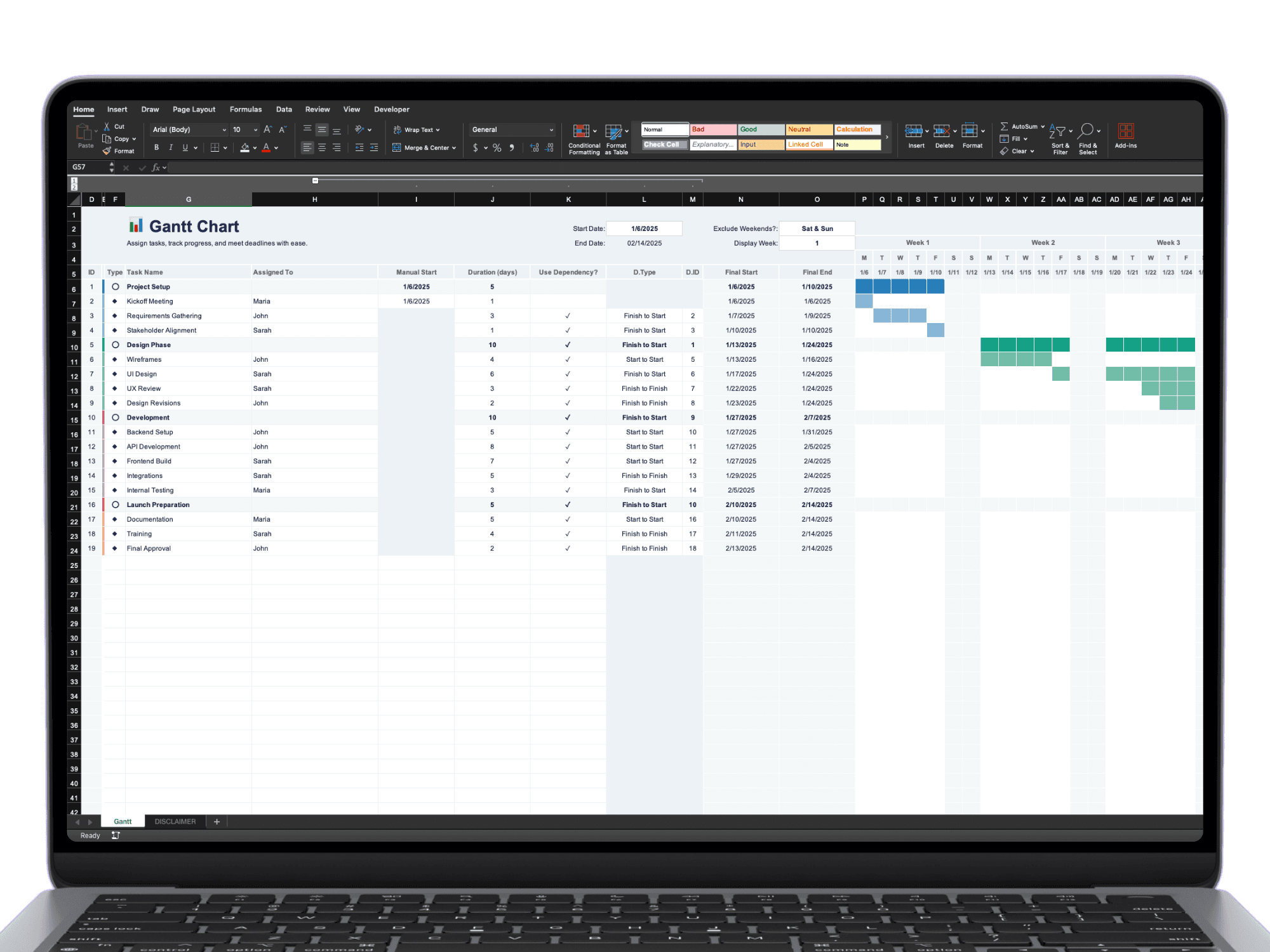 Screenshot of the Project Management Template with task dependencies in Microsoft Excel. The Gantt tab shows a task list with manual start dates, durations, dependency settings, and final calculated dates, alongside a visual Gantt chart with colored bars for each task.