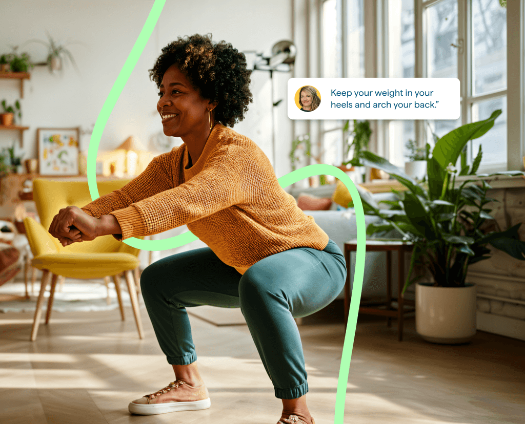 Two hikers on a mountain trail with fitness stats and a yellow wave design overlay.