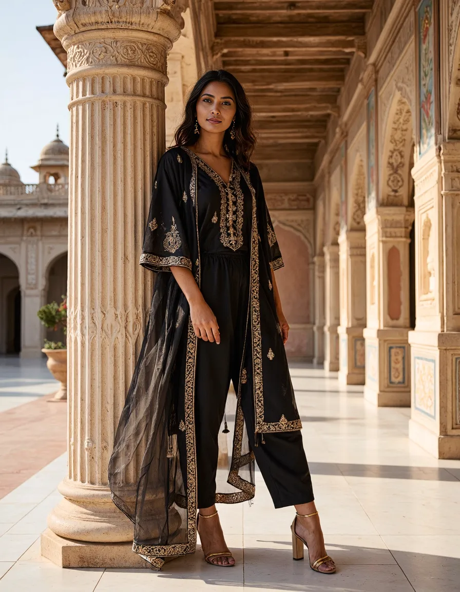 Elegant black outfit with gold embroidery photographed in a historical palace corridor with ornate columns and architecture