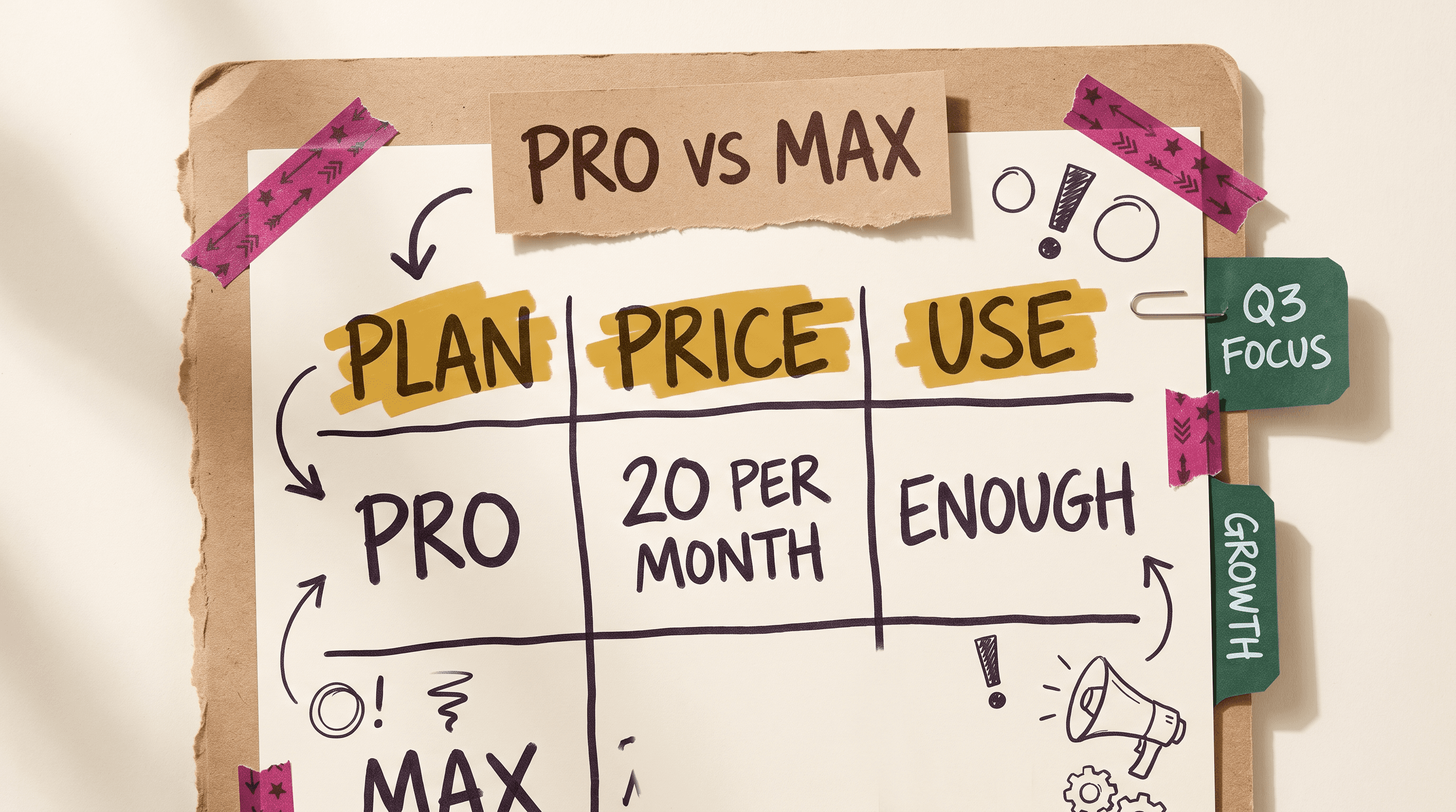 Table of Claude Code Pro 20 dollars per month versus Max 100 or 200 dollars per month