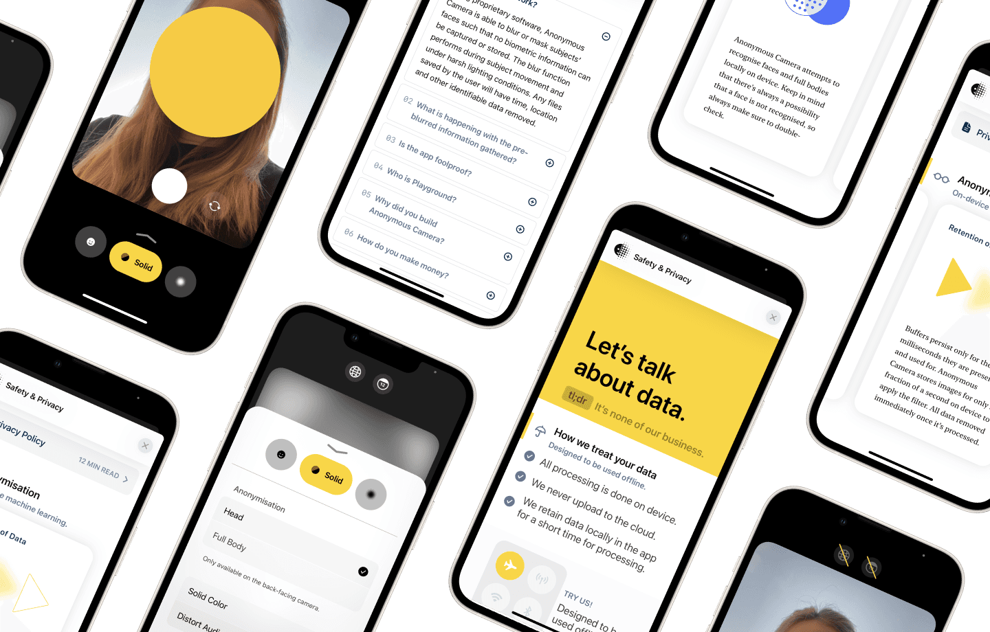 Collection of mobile screens showing anonymised camera modes and a safety and privacy information page explaining on-device data processing.