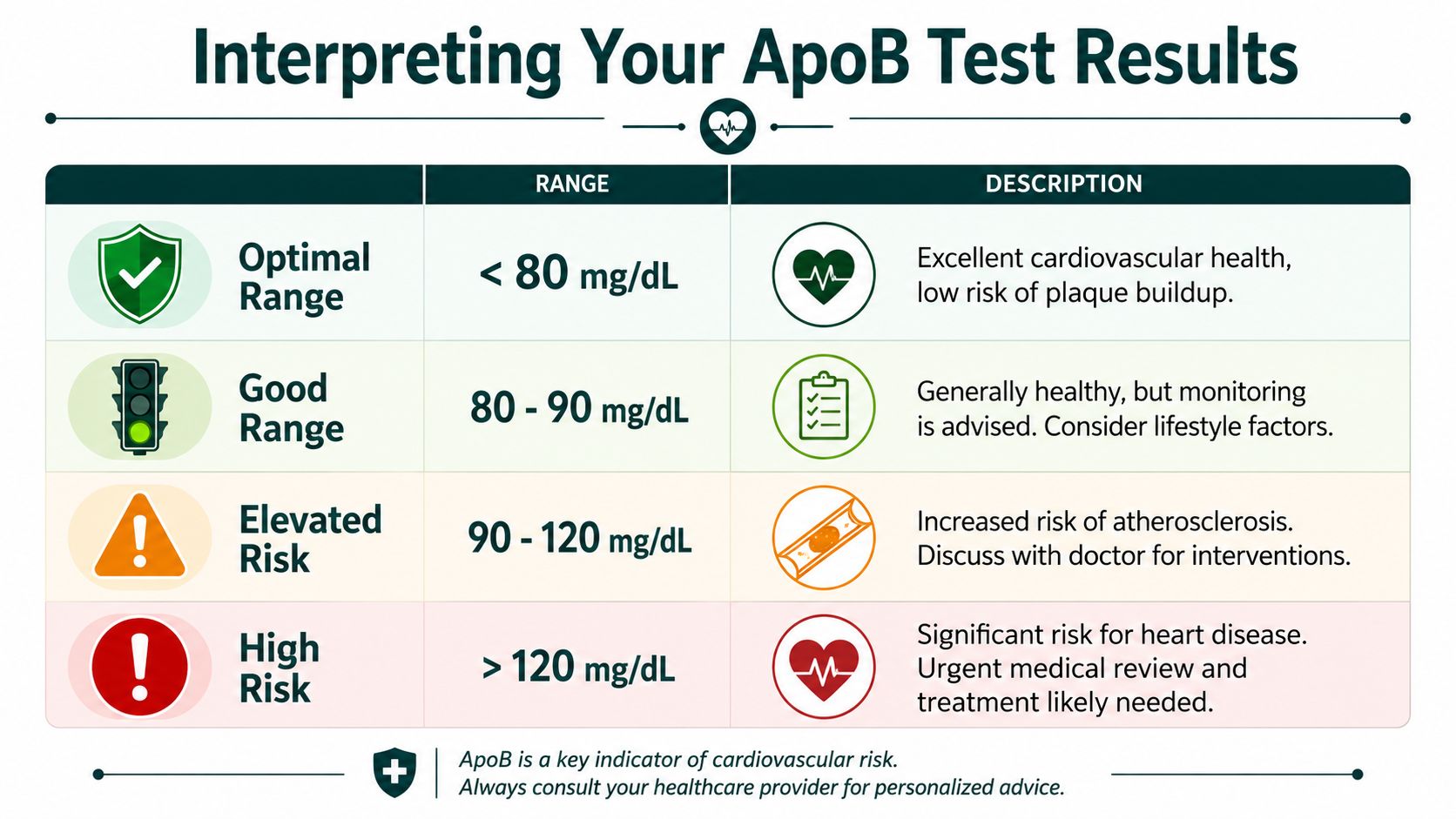 A chart interpreting ApoB cholesterol test results, showing categories from optimal to high risk.