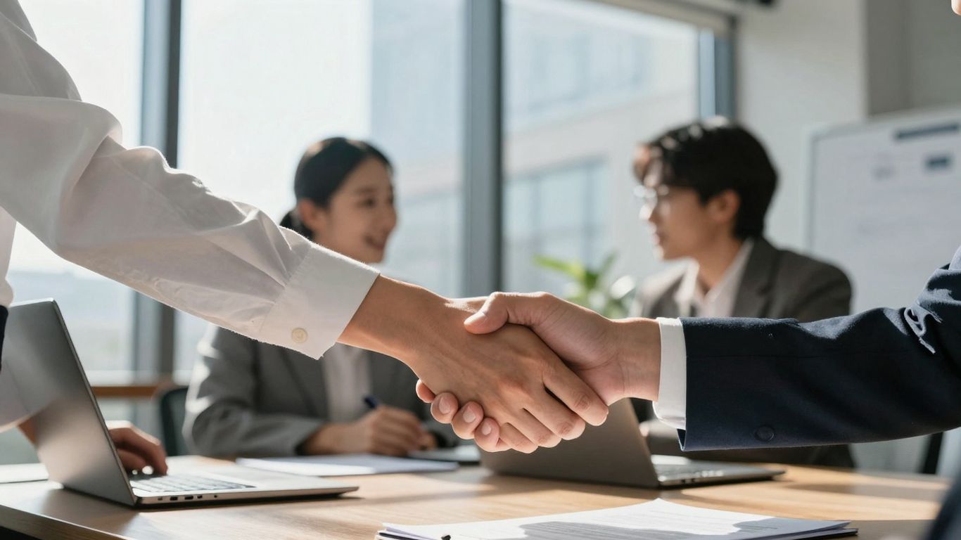 Handshake over a contract, symbolizing a new business partnership.