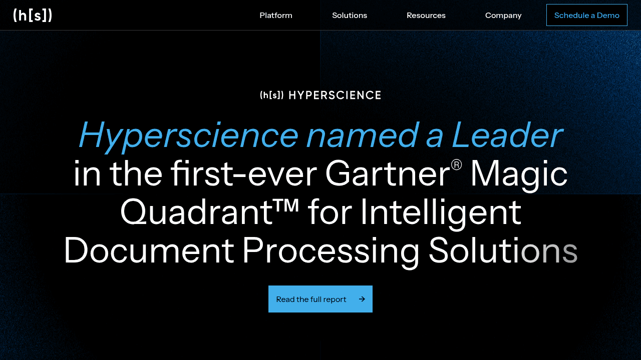 Hyperscience homepage featuring machine learning document automation platform for high-volume enterprise document processing workflows