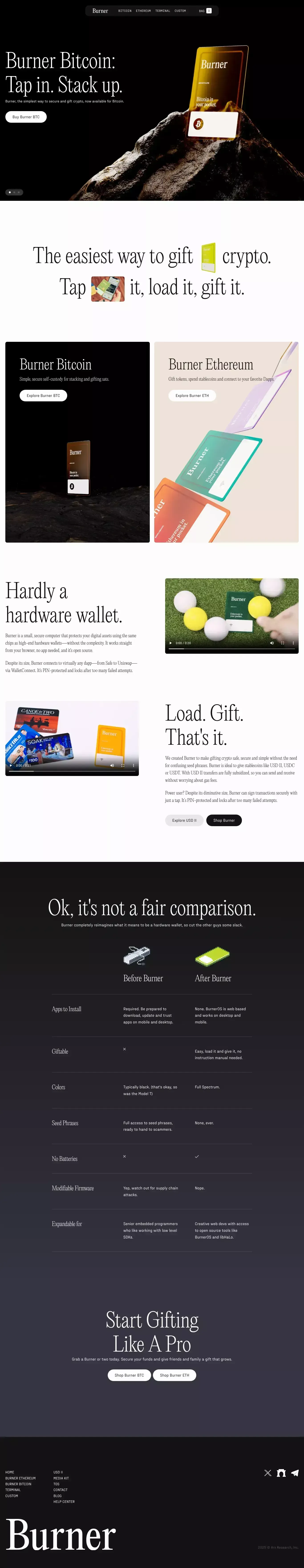 Burner landing page screenshot showcasing NFT / Crypto / Web3 and Tech design